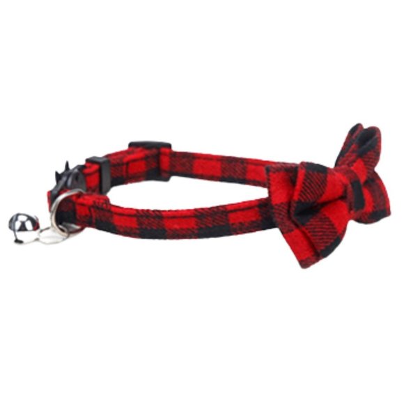 Red and Black Plaid Cat Break Away Collar With Detachable Bow - Picture 6 of 6
